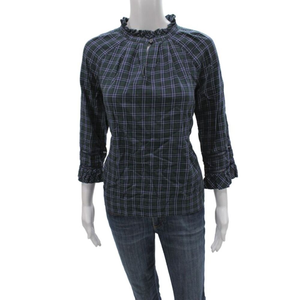 Margaret OLeary Women Tunic Blouse Blue Plaid 3/4 Sleeve High Neck Size XS